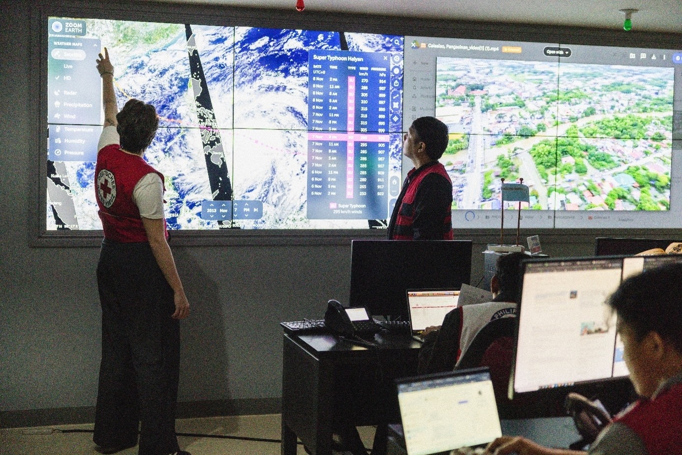 Two staff members from the Philippine Red Cross in the Emergency Operations Center.